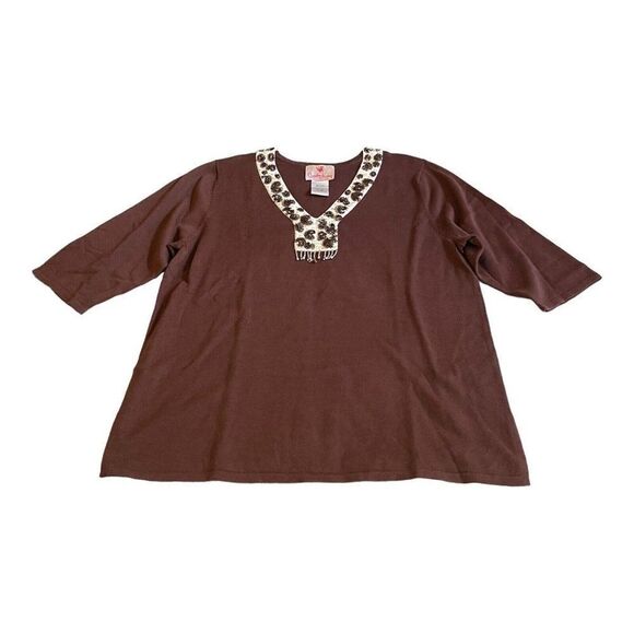 Quacker Factory Embellished Top Womens Large Brown Tunic V Neck Beaded Tassel - Picture 2 of 6